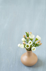 White flowers on blue wooden background. Hamelachim