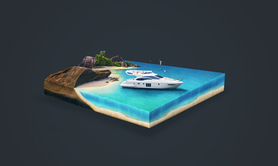 3d illustration of a soil slice, Yacht on the beach, ocean traveling  isolated on dark background - 144990884