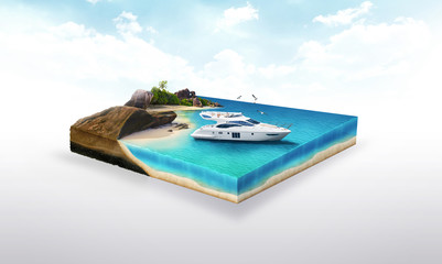 3d illustration of a soil slice, Yacht on the beach, ocean traveling  isolated on white background