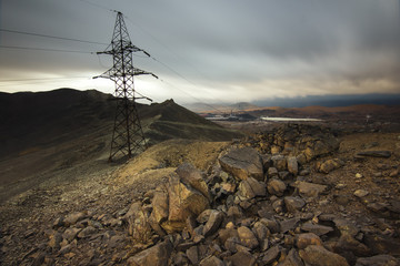 Power line in the mountains near the town of Karabash, Russia.