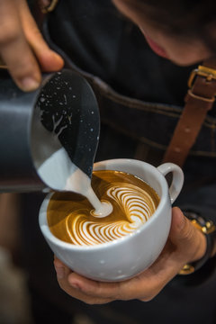 Barista Pouring Latte Froth Make Coffee Latte Art