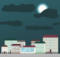 Night city scape with moon. Vector illustration