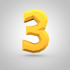 Yellow low poly alphabet number 3 isolated on white background.