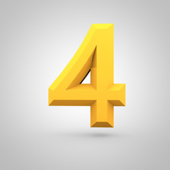 Fototapeta premium Yellow low poly alphabet number 4 isolated on white background.