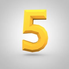 Yellow low poly alphabet number 5 isolated on white background.
