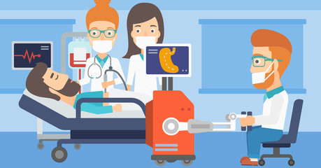 Doctor performing operation involving robot.