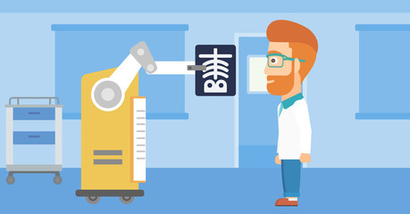 Doctor examining radiograph with help of robot.