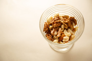 Glass bowl of mixed nuts