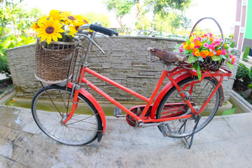 Fototapeta na wymiar Decorative the bicycle with artificial flowers