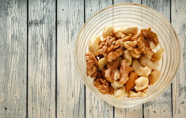 Glass bowl of mixed nuts