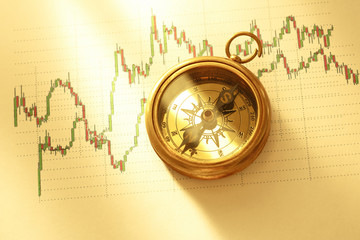 Fototapeta na wymiar Compass on stock market data chart