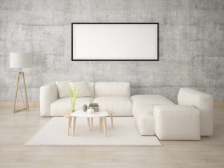 Mock up in a modern living room with a trendy sofa on the hipster background.