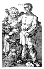 Medieval farmer couple offering eggs and poultry,  engraving by Albrecht Dürer, XVI century