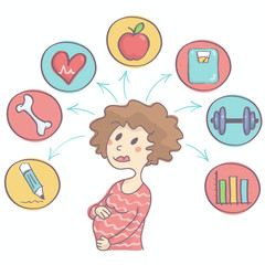 Cute vector cartoon of childbearing woman with colorful icons above her showing happy and healthy pregnancy concept