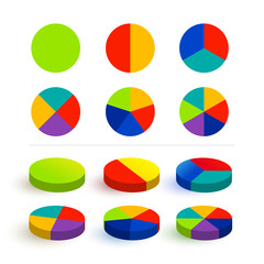 Set pie chart, graphs in 1,2,3,4,5,6 segments. Colorful icons. Segmented circles. Vector illustration. Isolated on white background