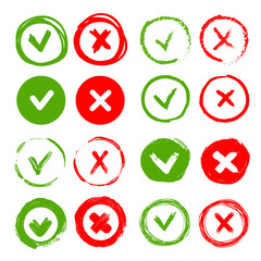 Tick and cross brush signs. Green checkmark OK and red X icons, isolated on white background. Simple marks graphic design. Symbols YES and NO button for vote, decision, web. Vector illustration