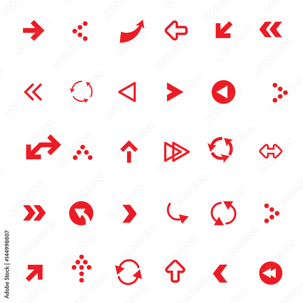 Poster flat red vector arrows set isolated on white background