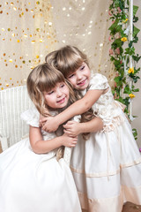 Fototapeta na wymiar Beautiful and funny twins children girls