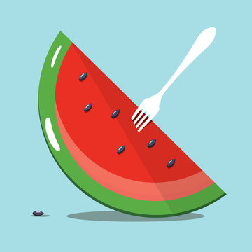 Melon Slice with White Fork on Blue Background. Vector Summer Food Symbol.