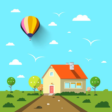 Family House with Road and Hot Air Balloon on Blue Sky. Flat Design Vector Landscape.