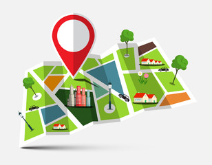 City Map with Marker, Houses, Trees and Cars. Vector Illustration.