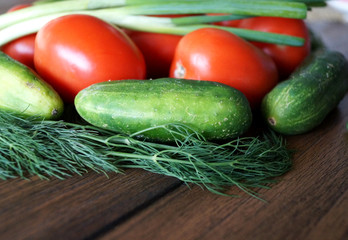 Colorful close up photo of vegetables as cucumbers, tomatoes, dill and long white bunching evergreen onion on the dark wood finish table