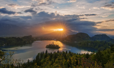 Magnificent sunrise over Lake Bled, Slovenia