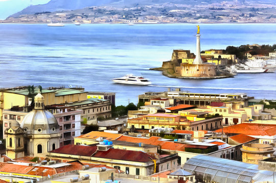 Colorful painting of cityscape and strait of Messina
