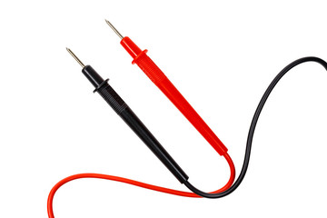 Parallel red and black multimeter probes isolated on white background