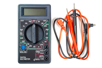 Digital multimeter with red and black probes isolated on white background