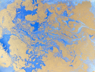 Fototapeta premium Blue and golden liquid texture. Watercolor hand drawn marbling illustration. Ink marble background.