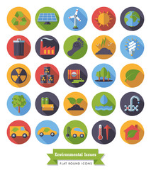 Collection of Environment and Climate related round flat design long shadow vector icons