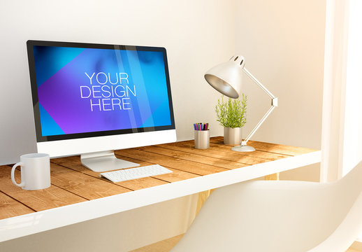 Desktop Computer on Bright Wooden Desk