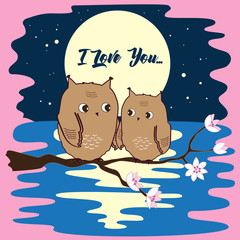 Cute owls in love at moon night.