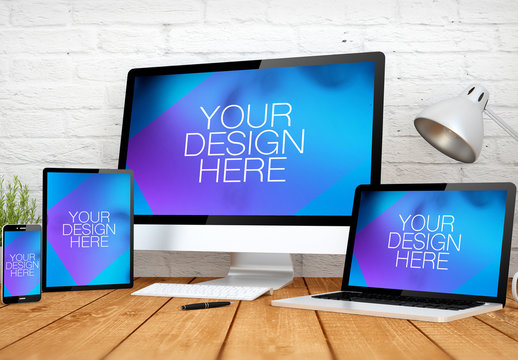4 Devices on a Wooden Table Mockup 2
