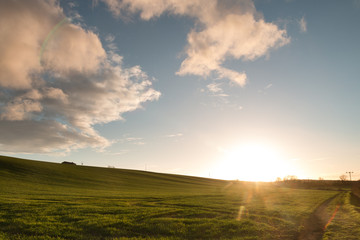 Obraz premium Empty Fields At Sunset With Farmhouse