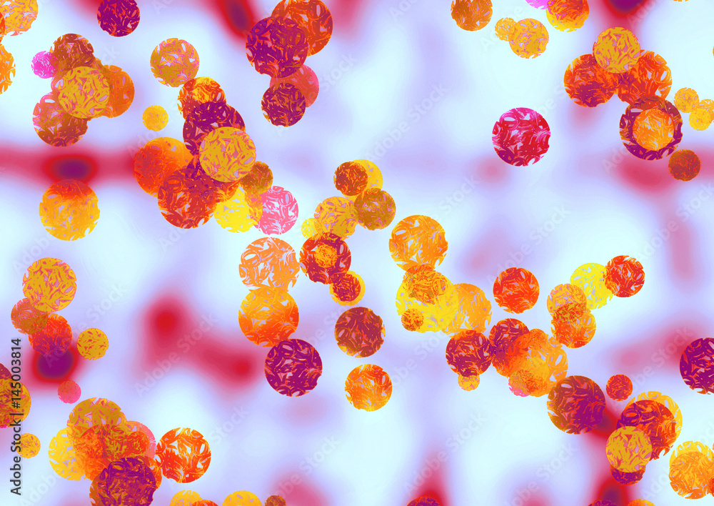 Poster bokeh abstract with red and glod discs floating above a blurry background