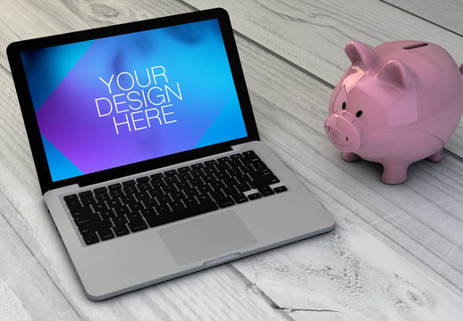 Laptop and Piggy Bank Mockup