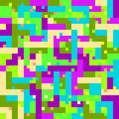 Fantastic colorful geometric texture in pixel art style vector seamless pattern. Repeating irregular background for textile, wrapping paper and wallpaper.