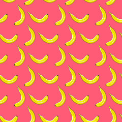Modern healthy food pattern with repeating structure of hand drawn bright yellow bananas on pink background in trendy style. Colorful texture perfect for prints and decor. Vector seamless pattern.