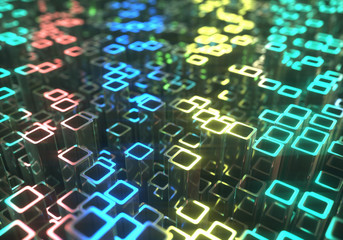 Abstract background made by metallic tubes reflecting colored lights.