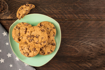Plate of chocolate chips cookies, shot from above