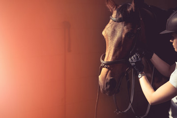 Woman fixing horse bridle