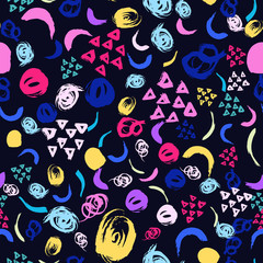 Vector colorful seamless pattern with brush strokes and circles. Pink blue yellow green color on black background. Hand painted grange texture Ink round elements. Fashion modern style. Fantasy chaotic