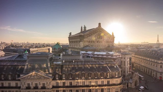 paris sunset light galeries lafayette cityscape palais garnier rooftop panorama 4k time lapse france

