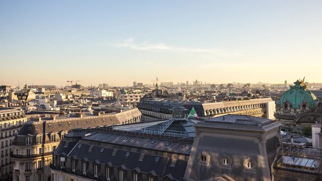 paris cityscape sunset sky galeries lafayette rooftop panorama 4k time lapse france
