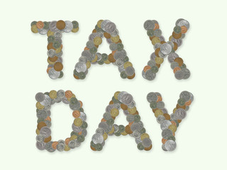TAX DAY – Coins on green background