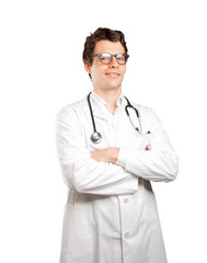 Satisfied doctor against white background