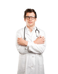 Fototapeta premium Worried doctor with cold gesture against white background