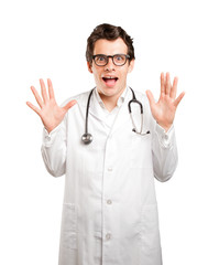 Fototapeta premium Surprised doctor against white background